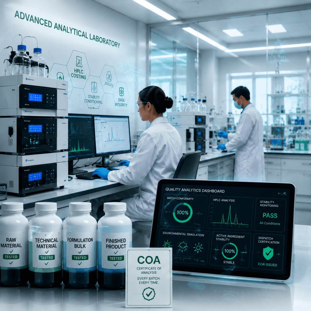 Advanced analytical laboratory for HPLC testing and quality assurance at Leafcare Agritech plant