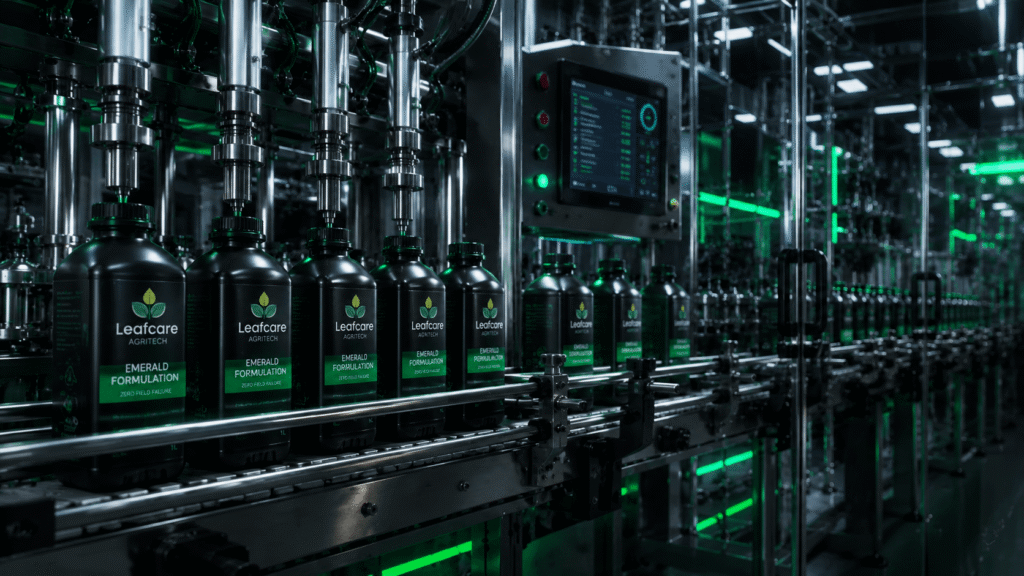 Automated agrochemical liquid bottling line for third party private label contract manufacturing